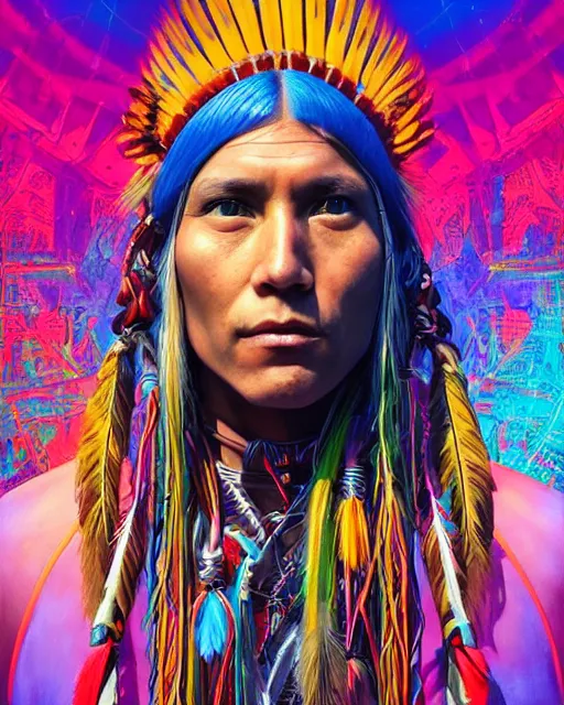 Image similar to colorful portrait of a futuristic native american indigenous hippie with cybernetics | highly detailed | very intricate | symmetrical | professional model | cinematic lighting | award - winning | painted by rossdraws and wlop and artgerm | pan futurism, dystopian, bold psychedelic colors, cyberpunk, anime aesthestic | featured on artstation