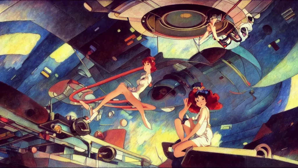 Image similar to a film still of a 1 9 5 0's mechanic anime girl sitting on top of flying ufo landing in hangar of giant ufo spaceship, kandinsky, trending on pixiv fanbox, painted by gaston bussiere, makoto shinkai, akihiko yoshida, gaston bussiere, craig mullins