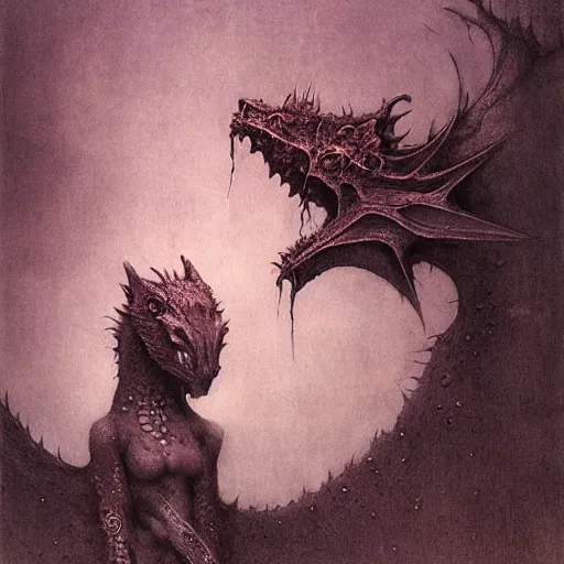 Prompt: A cute dragon girl by Beksinski