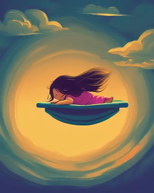 Image similar to beautiful painting of little girl sleeping on her flying bed, art by petros afshar, sky night, illustration, highly detailed, simple, smooth and clean vector curves, no jagged lines, vector art, smooth, artstation