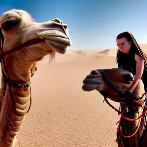 Image similar to close up shot of billie eilish riding a camel