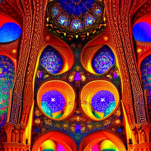 Prompt: cosmic cathedral created by the gods, intricate muqarnas, beautiful colors, bold architecture, detailed, 4 k