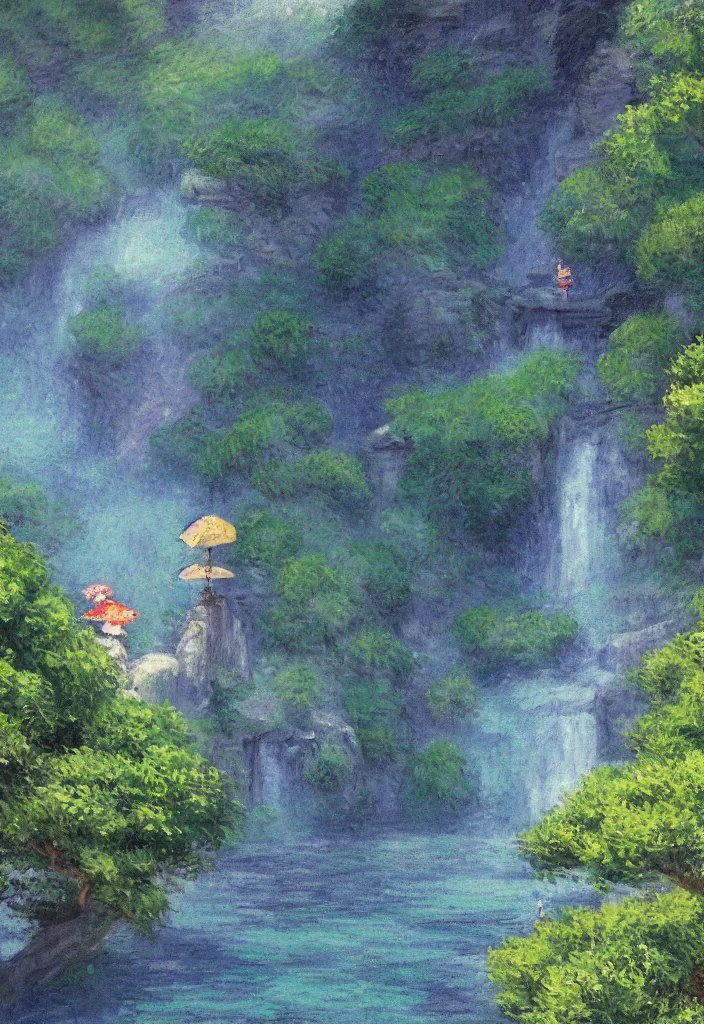 Image similar to tiny kodama in front of a japanese city in the mountain surrounded by waterfall. cyberpunk, boats flying. beautiful blue sky. gorgeous epic nature, lofi, vivid colors, amazing light, by jeremy lipkin, by claude monet, heavily inspired by makoto shinkai, inspired by ghibli, masterpiece, multiple brush strokes, impressionist style