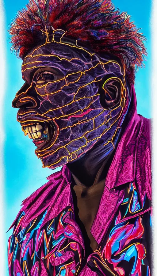 Image similar to detailed full body illustration of an African male with face augmentations, strong neon lighting, Afrofuturism, extravagant feathered collar, by glenn fabry, hyper realistic, HD, oil on canvas