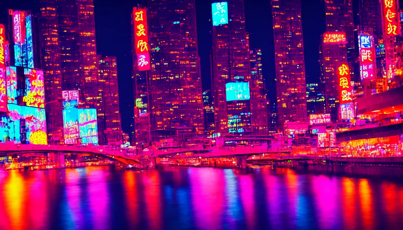 Prompt: 8 0 s neon movie still, woman wearing a kimono looks over a river, city with neon lights is in front of her. movie still. hyperrealistic, high definition, medium format photography, highly detailed, tehnicolor, anamorphic 5 0 mm lens