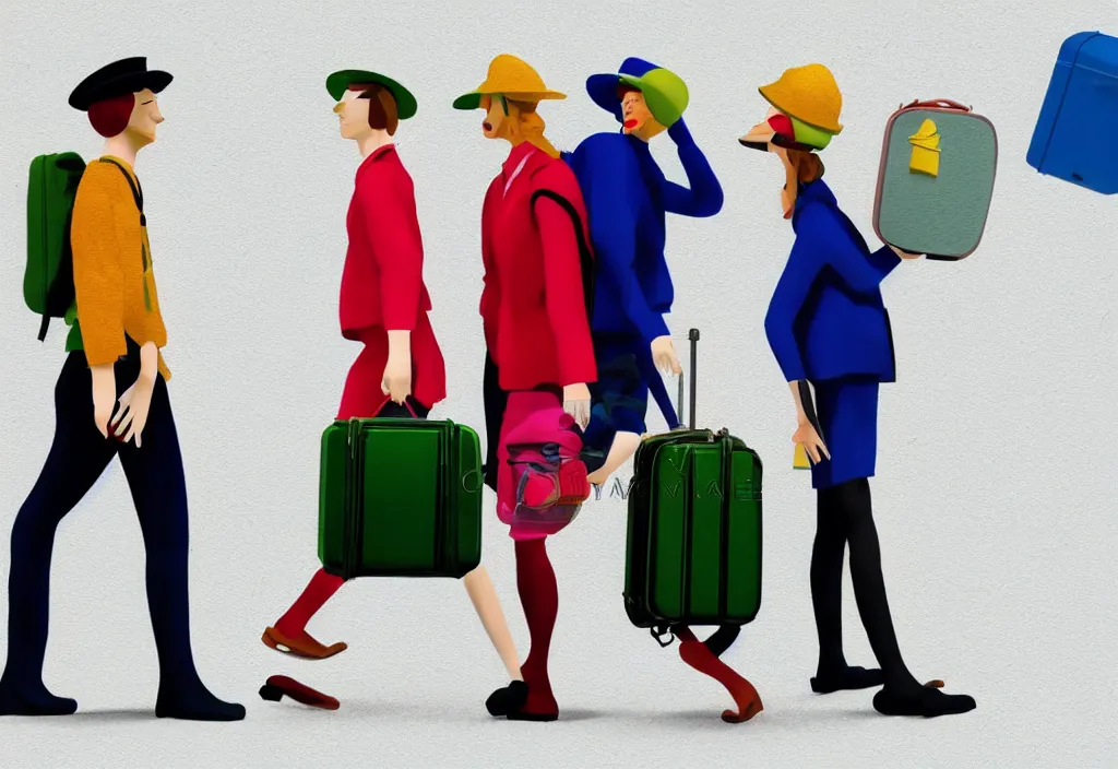 Prompt: full body portrait of a trio of european tourists autumn travel apparel, various poses walking and carrying luggage, character designs painting, in the style of wes anderson, rene magritte, lola dupre, david hockney, isolated on white background, dark monochrome neon spraypaint accents volumetric octane render