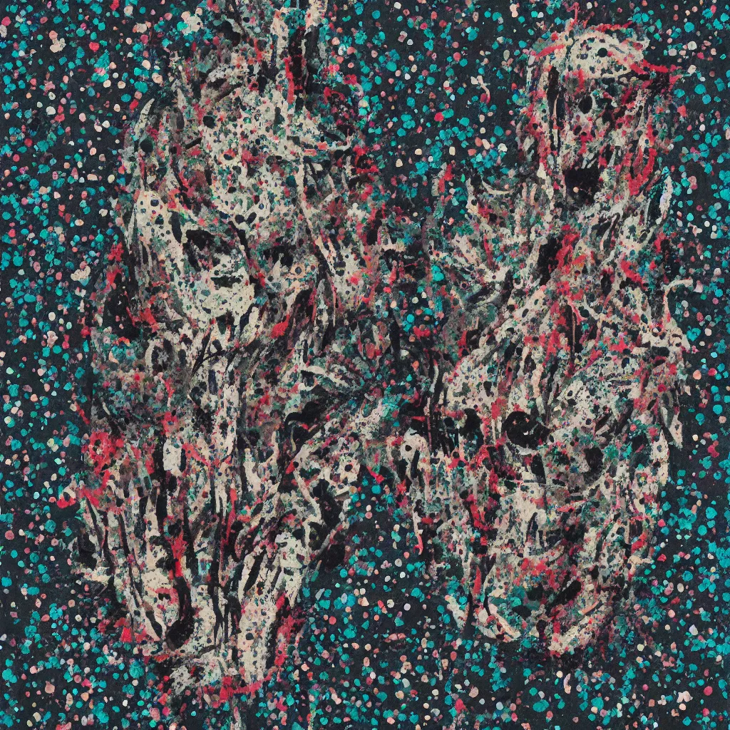 Image similar to camo made of teeth, smiling, abstract, francis bacon artwork, cryptic, dots, spots, stipple, lines, splotch, color tearing, pitch bending, faceless people, dark, ominious, eerie, hearts, minimal, points, technical, old painting, neon colors