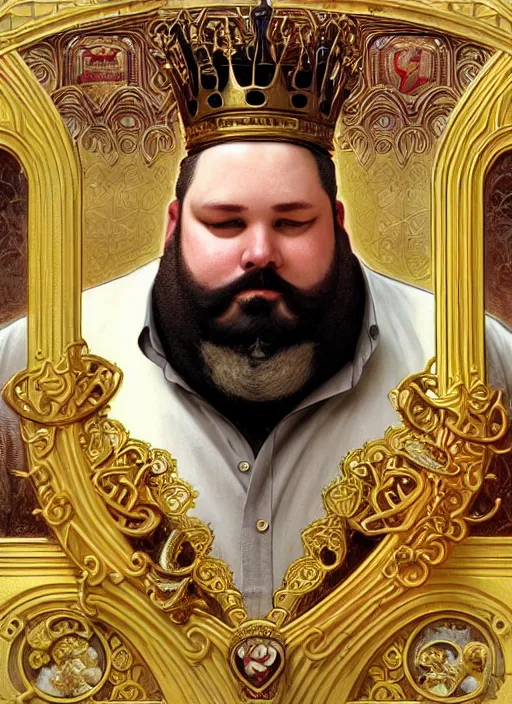 Image similar to close up portrait of the burger king, heavyset middle aged king with big bushy beard, ornate noble robs with jeweled crown by artgerm, cushart krenz, greg rutkowski, mucha. art nouveau. gloomhaven, golden arches logo, pale colors, sharp edges. ultra clear detailed. 8 k. elegant, intricate, octane render