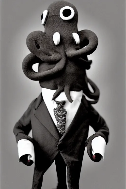 Image similar to anthropomorphic octopus , wearing a suit, tentacles spilling out of the collar, vintage photograph, sepia