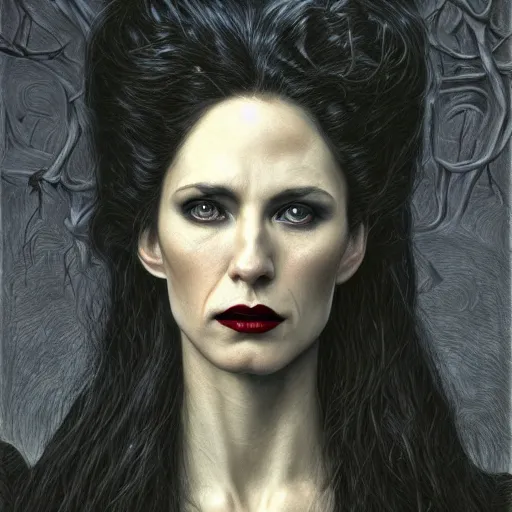 Image similar to portrait of a lady vampire, 35mm, victorian, depth of field, ominous, sharp, highly detailed, photorealistic, realistic, unreal 5, high definition, 8k, deviantart, donato giancola, irwin penn