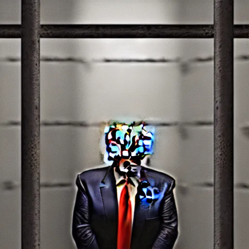 Image similar to an image of donald trump behind a jail cell, cinematic photography, detailed, winning art portrait