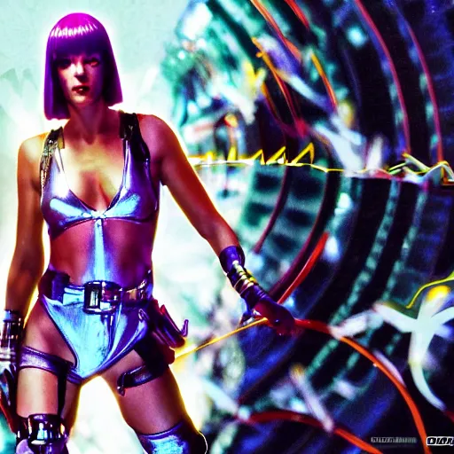 Image similar to milla jovovich as leeloo full body in the foreground of digital art background is 5 th element movie city