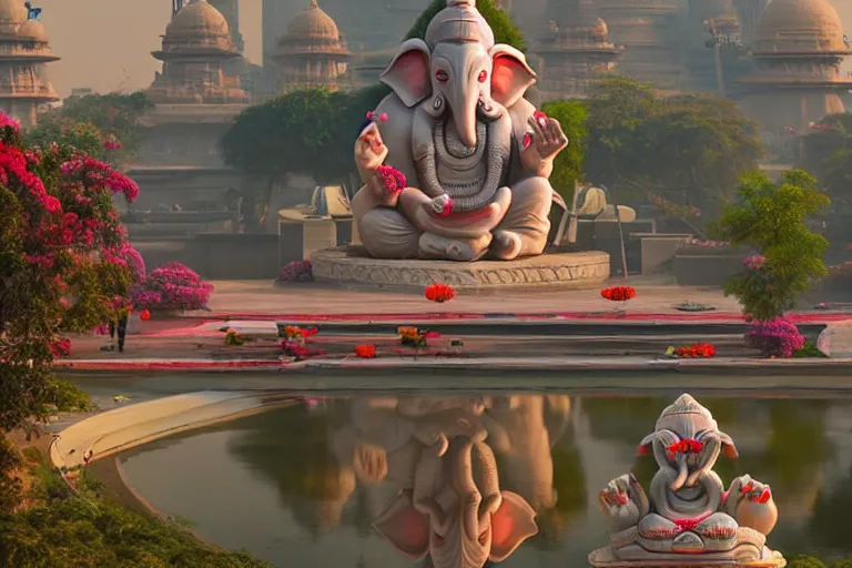 Image similar to beautiful futuristic new delhi, sci - fi ganesha!! building, kalighat flowers, octane highly detailed cinematic, stephen shore & john j. park, soft morning light, wide shot, aerial shot, uhd 8 k, shallow depth of field