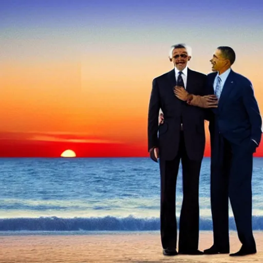 Prompt: Walter White hugging Barak Obama on the beach, sunset, zoomed in