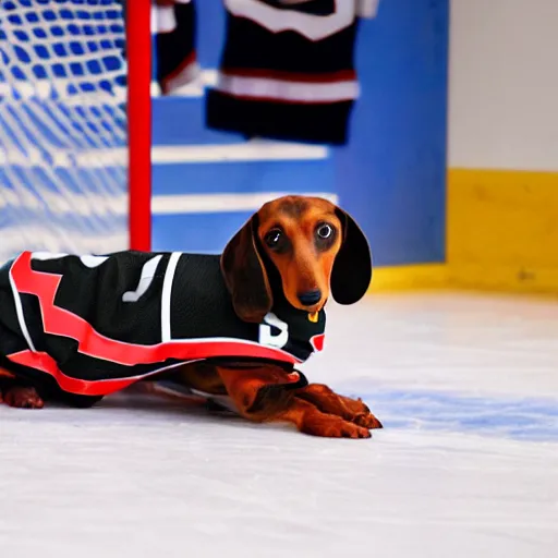 Prompt: dachshund wearing hockey gear