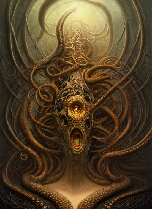 Image similar to realistic portrait of cthulu, a scenic dystopian environment, lovecraftian, intricate, elegant, highly detailed, centered, digital painting, artstation, concept art, smooth, sharp focus, illustration, artgerm, tomasz alen kopera, peter mohrbacher, donato giancola, joseph christian leyendecker, wlop, boris vallejo