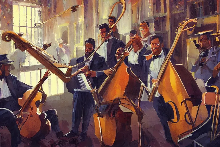 Prompt: a painting of a group of men playing instruments, a jazz band in new orleans, by rossdraws, wlop, greg rutkowski, ghibli