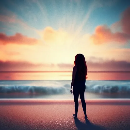 Image similar to aesthetic photo of a woman looking up crying at a beach at sunset, dslr, award winning, 8 k, octane beautifully detailed render, warm mood, cinematic lighting, detailed photo, masterpiece, volumetric lighting, ultra realistic, highly detailed, high quality, lossless, photorealistic, sharp focus, hd