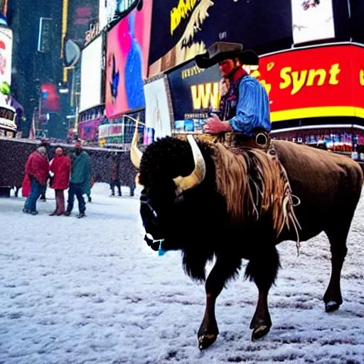 Prompt: wild west cowboy riding a buffalo in times square while it ’ s snowing