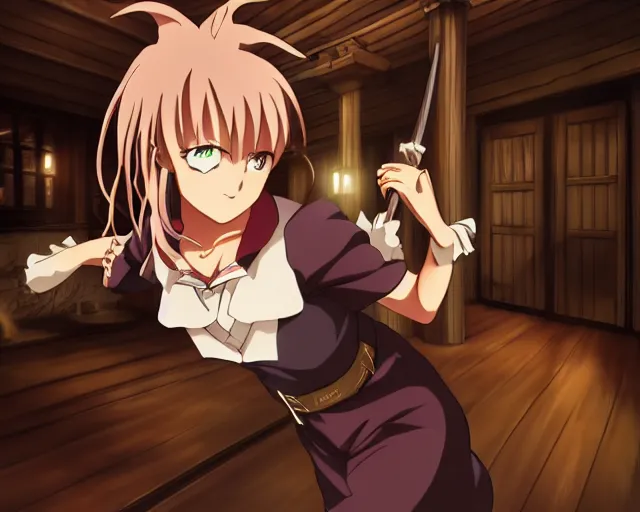 Image similar to key anime visual portrait of a young female witch in a tavern interior defending a companion, dynamic pose, dynamic perspective, cinematic, dramatic lighting.