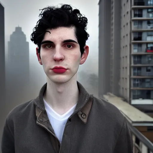 Image similar to un ultra high definition studio quality photograph portrait of a pale young man with black hair standing on the rooftop of an apartment building wearing all eclectic clothes. wide angle. morning. clear. fog. three point light. extremely detailed. golden hour, golden ratio, ray tracing, volumetric light, shallow depth of field.