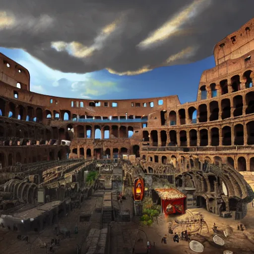 Image similar to busy d & d city that has a colosseum in its center, first person perspective, artstation