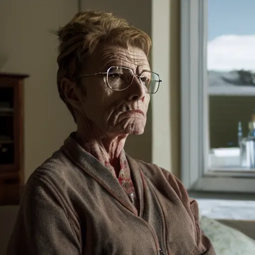 Prompt: a film still of walter white's mother in breaking bad, walter white's mother, realistic, hyperrealistic, ultra realistic, real, real world, highly detailed, very detailed, extremely detailed, intricate details, 8 k resolution, hd quality, film still