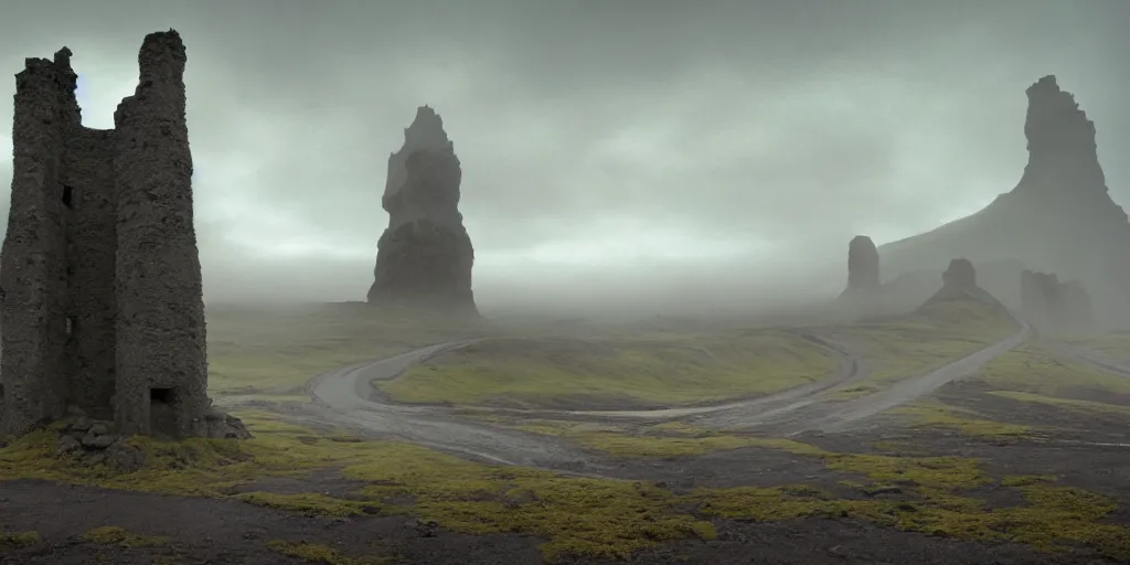 Prompt: Iceland´s gravel road, monumental, old ruins tower of a dark misty, by Simon Stålenhag, sci-fi of Iceland landscape, rocks, clouds, mist, Zhangjiajie in early morning, light and shadow, Shin-hanga by Thomas Kinkade and Bob Ross, traditional Japanese colors, superior quality, masterpiece, featured, trending, award winning, HDR, HD, UHD, 4K, 8K, anamorphic widescreen