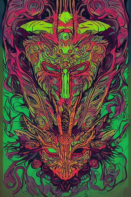 Image similar to animal mask totem roots flower tribal feather gemstone plant wood rock shaman vodoo video game vector cutout illustration vivid multicolor borderlands comics by josan gonzales and dan mumford radiating a glowing aura