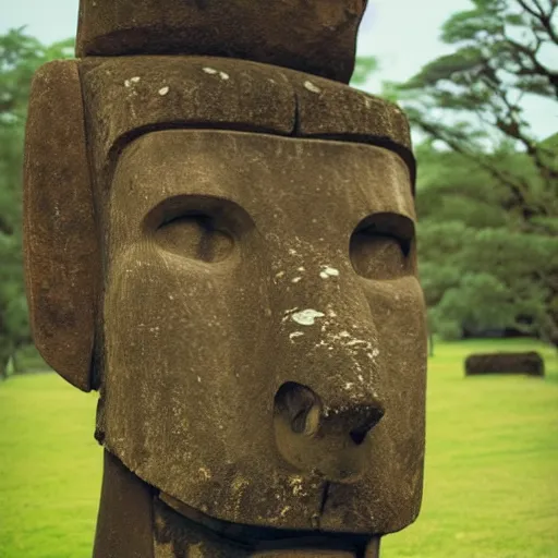 Image similar to a high detail photo of a moai wearing headphones, subject: moai, subject detail: wearing headphones