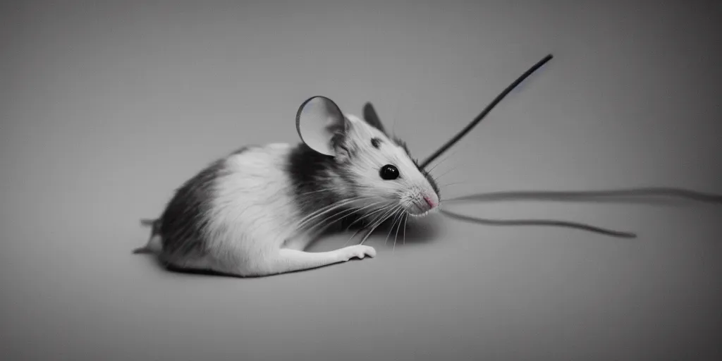 Image similar to a beautiful studio photo of exactly one!!! mouse; 90mm; f/1.4; black and white