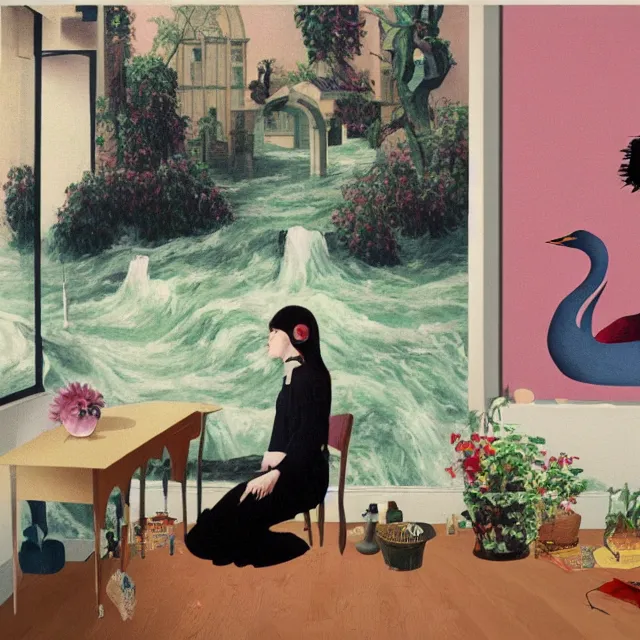 Image similar to female emo art student in her apartment, painting of flood waters inside an artist's feminine bedroom, a river flooding indoors, pomegranates, pigs, ikebana, water, octopus, river, rapids, waterfall, black swans, canoe, berries, acrylic on canvas, surrealist, by magritte and monet