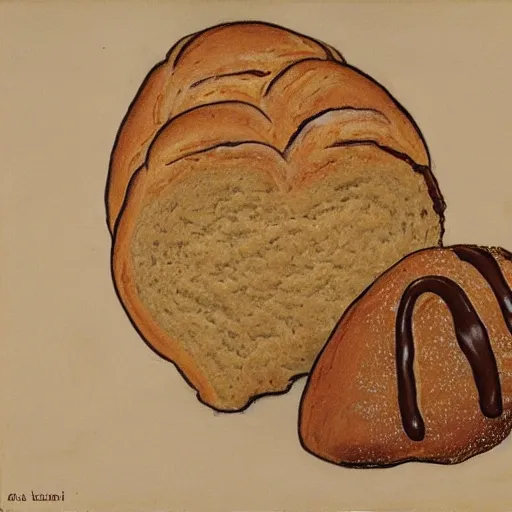 Image similar to A bread with chocolate hugging another bread with chocolate, Toulouse Lautrec style