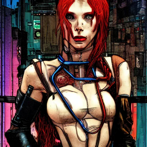 Prompt: redhead female cyberpunk, wires cables skulls, machines, in the style of john william waterhouse, and michael w kaluta, 4 k photo bleach bypass