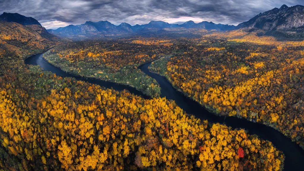 Image similar to The most beautiful panoramic landscape taken by a dron, oil painting, where the mountains are towering over the valley below their peaks shrouded in mist. The sun is just peeking over the horizon and the sky is ablaze with colors. The river is winding its way through the valley and the trees are starting to turn yellow and red, by Greg Rutkowski, aerial view