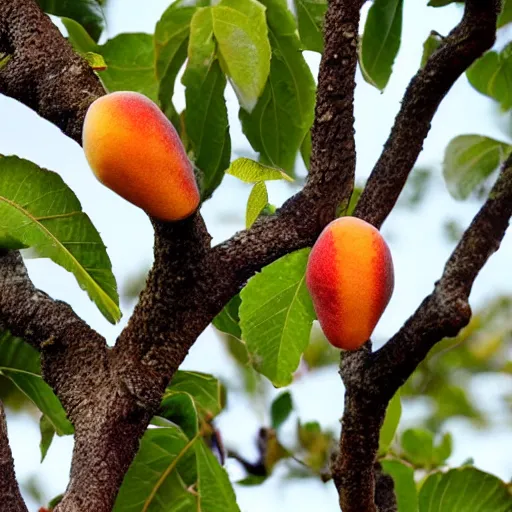 Image similar to a new fruit that us a mix of a fig a peach and a strawberry hangs on a tree