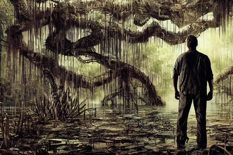 Image similar to scene from louisiana swamps, true detective, artwork 8 0 s japanese sci - fi books art