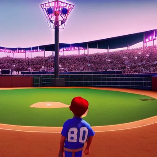 Image similar to disney pixar render of an aberration in the fabric of reality above a little league baseball game, tearing reality apart, everyone looks up at the sky, cinematic lighting