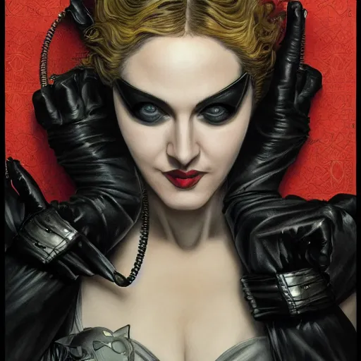 Image similar to Epic Masterpiece head and shoulders portrait of Madonna as catwoman in Batman Returns by Tim Burton drawn by Donato Giancola and Tom Bagshaw, Edmund Leighton, Alphonse Mucha, 4k, volumetric lighting, komorebi, trending on artstation, octane render, hyperrealistic