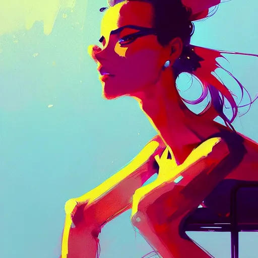 Image similar to a ultradetailed beautiful panting of a stylish woman sitting on a chair, by conrad roset, greg rutkowski and makoto shinkai, trending on artstation