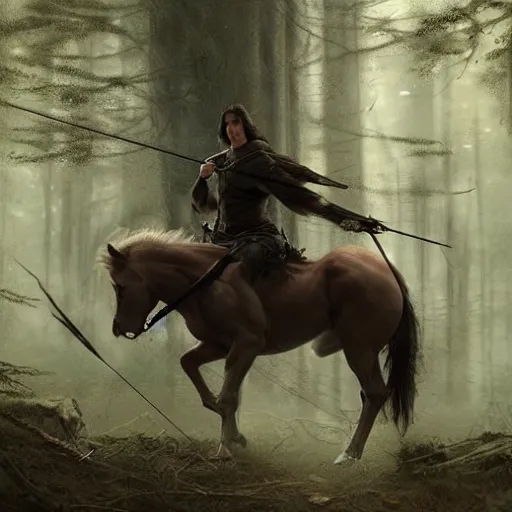 Prompt: Adam Driver as a centaur warrior, human upper torso attached to a horse body, aiming a bow and arrow, galloping through the forest, digital art, fantasy art by Greg Rutkowski