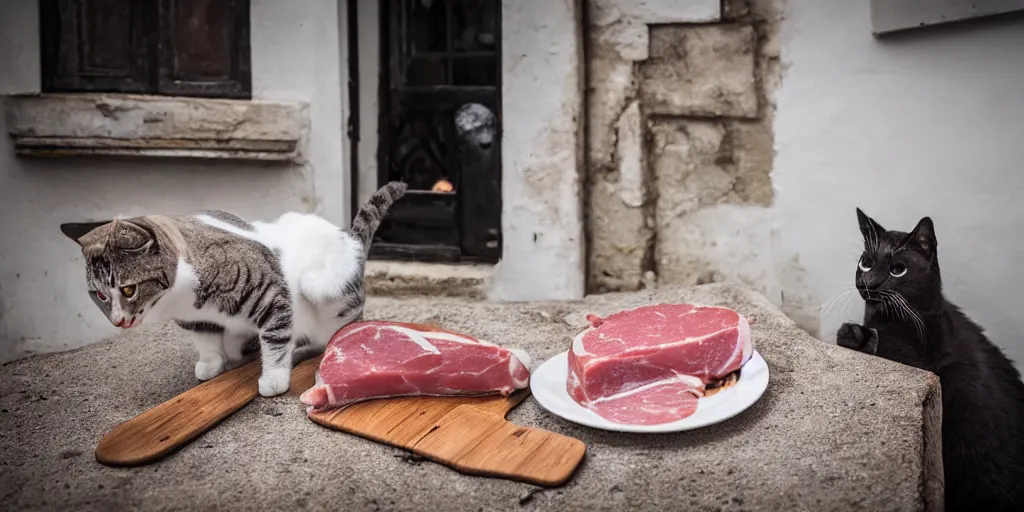 Image similar to photography of a cat eating mortadella at trullo house, photoreal, 3 5 mm, award winning photography