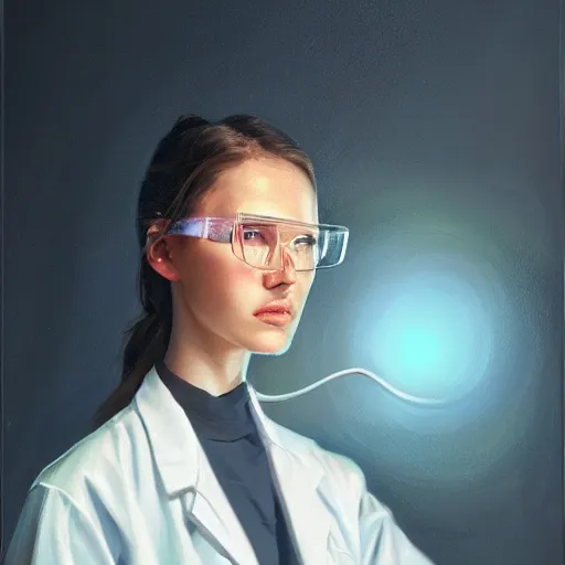 Image similar to girl wearing a labcoat in a biology lab, microscope on the table, expressive oil painting, matte art, trending on artstation, sunlit, octane render, brushstrokes, beautiful face portrait, beautiful lighting