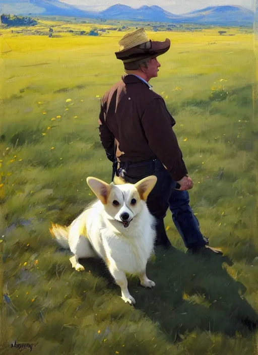 Image similar to Greg Manchess painting of a Corginian, countryside, calm, fantasy character portrait, dynamic pose, above view, sunny day, artwork by Jeremy Lipkin and Giuseppe Dangelico Pino and Michael Garmash and Rob Rey, very coherent asymmetrical artwork, sharp edges, perfect face, simple form, 100mm