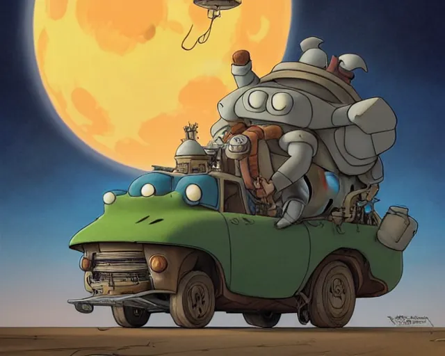 Image similar to a cell shaded cartoon giant grey lovecraftian mechanized fred flintstone from howl's moving castle ( 2 0 0 4 ), with a big head, on a desert road, wide shot, in front of a big moon, muted colors, post grunge, josan gonzales, wlop, by james jean, victor ngai, hq, deviantart, art by artgem