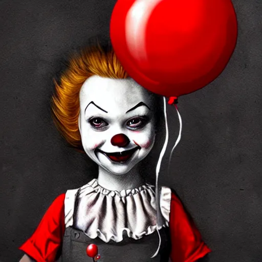 Image similar to surrealism grunge cartoon portrait sketch of little girl with a wide smile and a red balloon by - michael karcz, loony toons style, pennywise style, horror theme, detailed, elegant, intricate