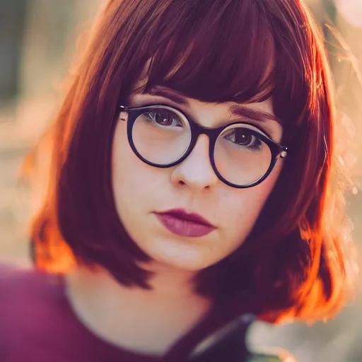 Prompt: dslr photo of velma dinkley, portrait photo, real photo, real camera, extreme detailed face and body, high quality, moody lighting, fast paced lines, sharp quality, enchanting lighting, 8 k