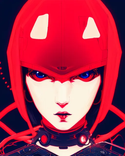 Image similar to a detailed potrait of a cyberpunk cyborg girl with black and red parts, perfect face, realistic shaded perfect face, detailed. night setting. very anime style. realistic shaded lighting poster by ilya kuvshinov katsuhiro, unreal engine, global illumination, radiant light, detailed and intricate environment