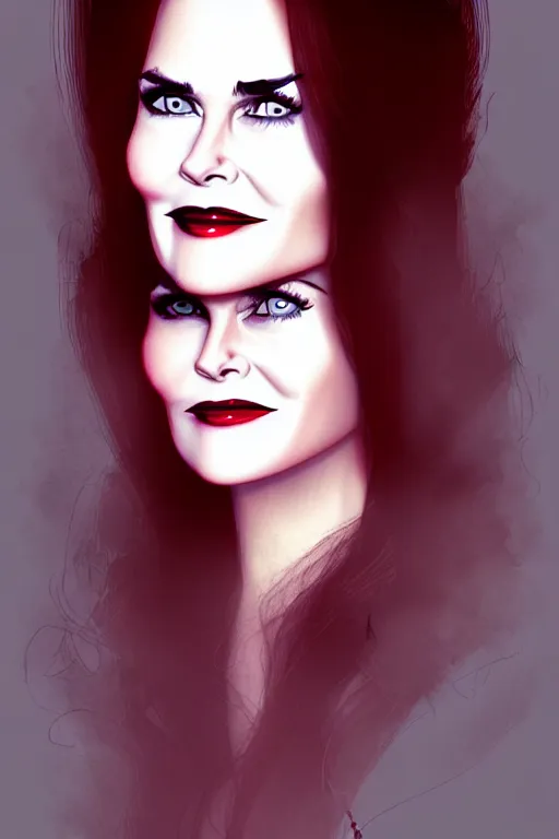 Image similar to mix of beautiful young maria shriver, mariel hemmingway, brooke shields, nicole kidman and elle macpherson as a vampire showing vampire teeth, ready to bite, thin lips, hair tied up in a pony tail, dark blonde hair, colorful, deviantart, artstation, cgsociety