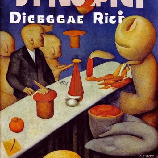 Prompt: breakfast, diego rivera, 1 9 6 0 science fiction magazine cover